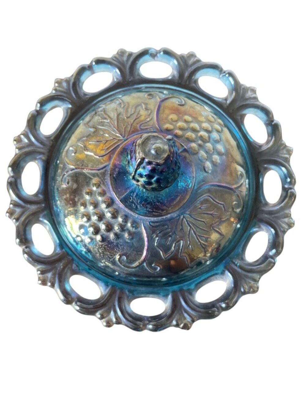 Vintage Indiana Glass Blue Carnival Glass Pedestal Candy Dish with Lid – Harvest - Picture 3 of 4